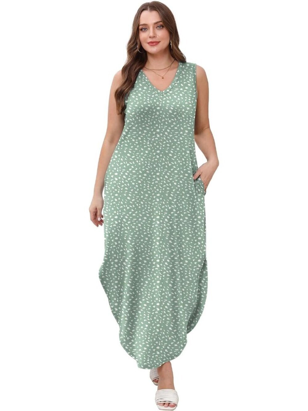 〽️Women's Floral Green Wave Point Sleeveless Ankle Length Imported Maxi Dresses